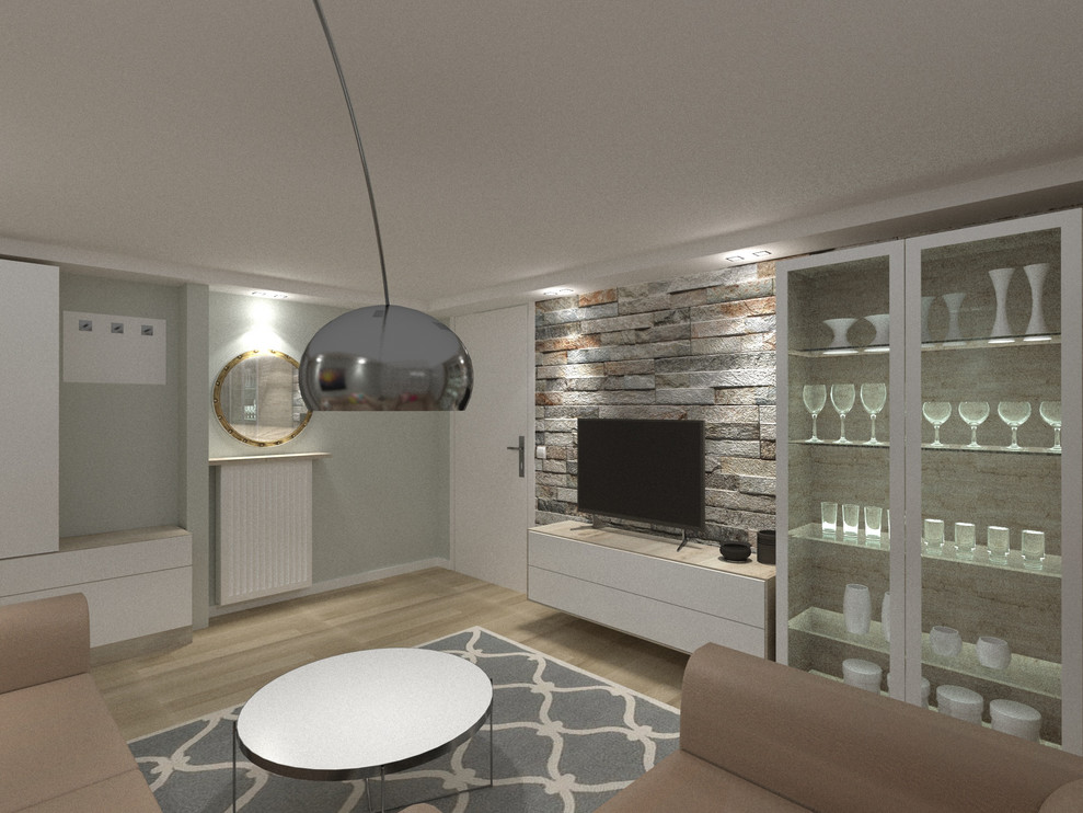 Immagine di un soggiorno design di medie dimensioni e chiuso con sala formale, pareti beige, pavimento in vinile, TV a parete e pavimento grigio