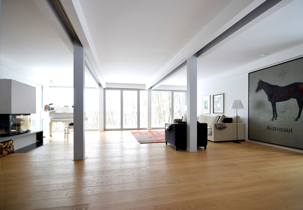 Großes, Offenes Modernes Musikzimmer mit braunem Holzboden, Kamin, Kaminumrandung aus Metall, Multimediawand und weißer Wandfarbe in München