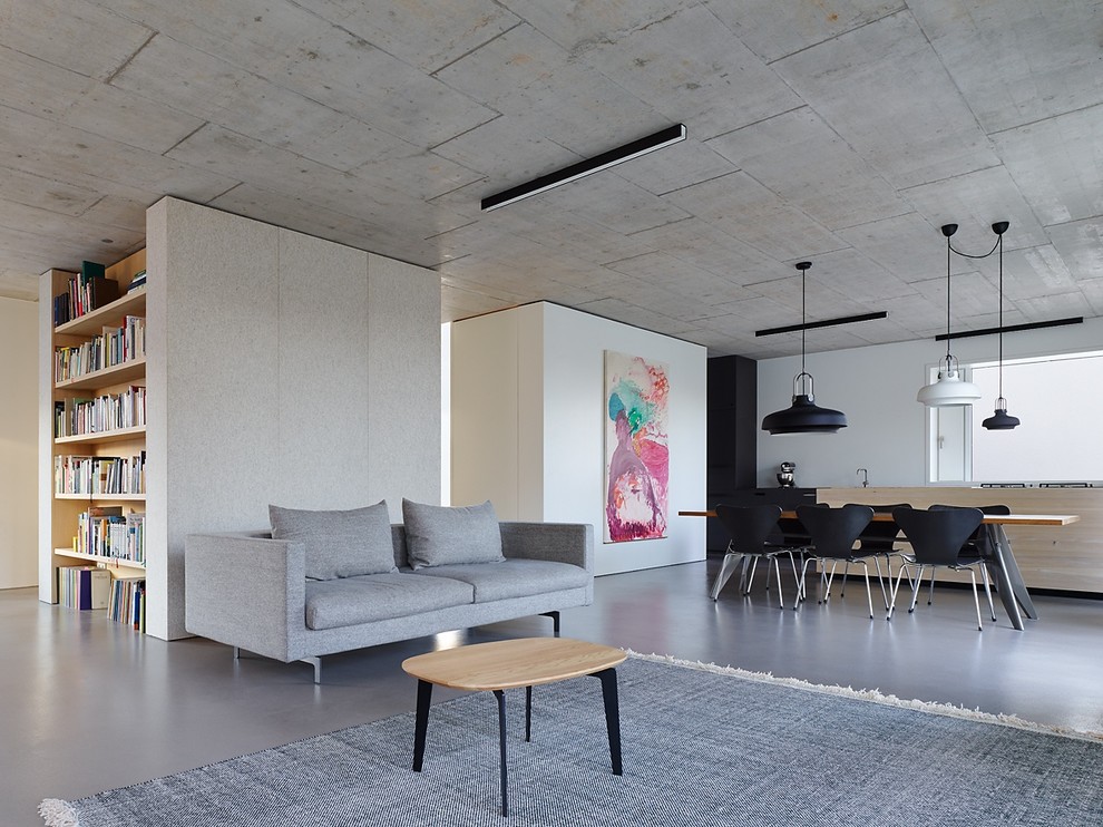 Идея дизайна: большая открытая гостиная комната в современном стиле с белыми стенами, с книжными шкафами и полками и бетонным полом