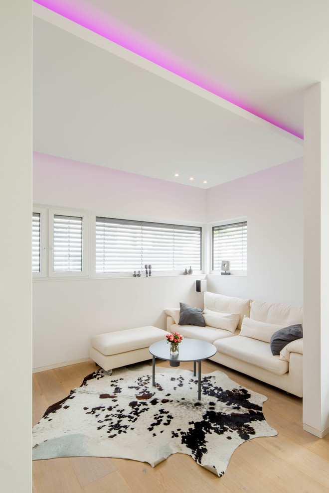 Kleines, Offenes, Fernseherloses Modernes Wohnzimmer ohne Kamin mit weißer Wandfarbe und hellem Holzboden in Düsseldorf
