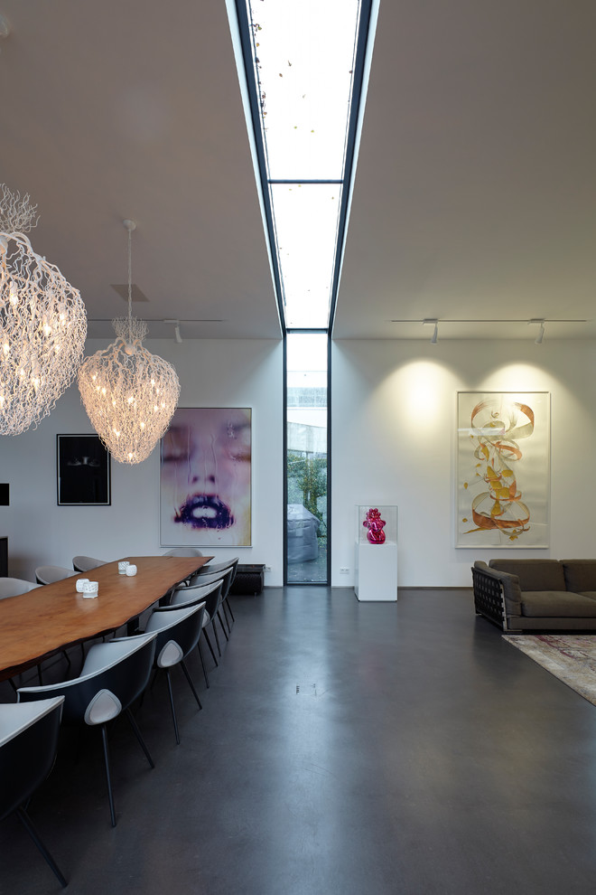 Geräumiges, Repräsentatives, Fernseherloses, Offenes Modernes Wohnzimmer mit weißer Wandfarbe, Vinylboden und grauem Boden in Köln