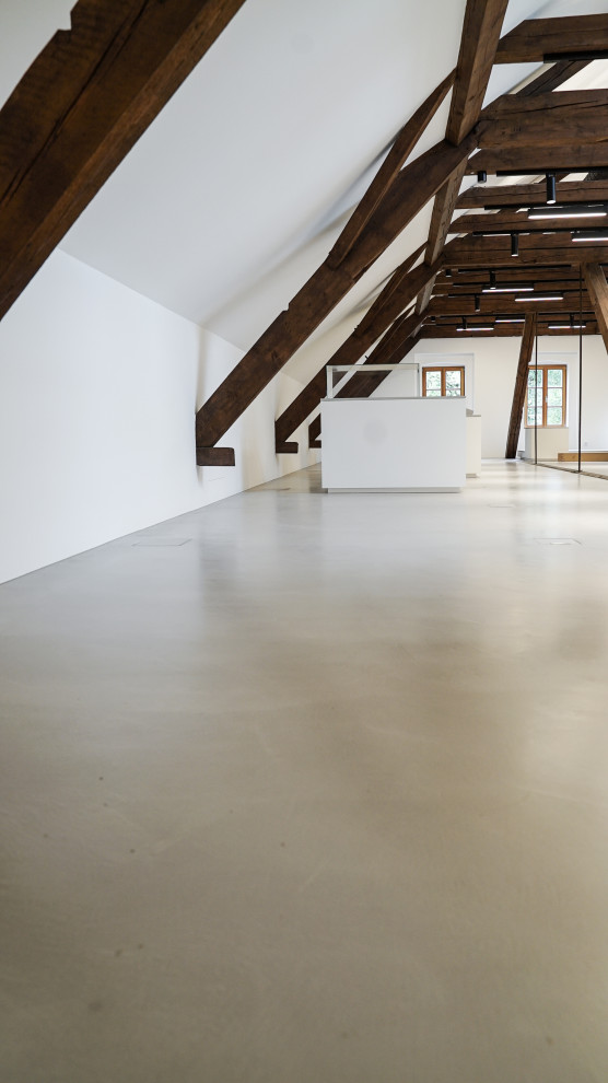 Modern mezzanine living room in Munich with concrete flooring.