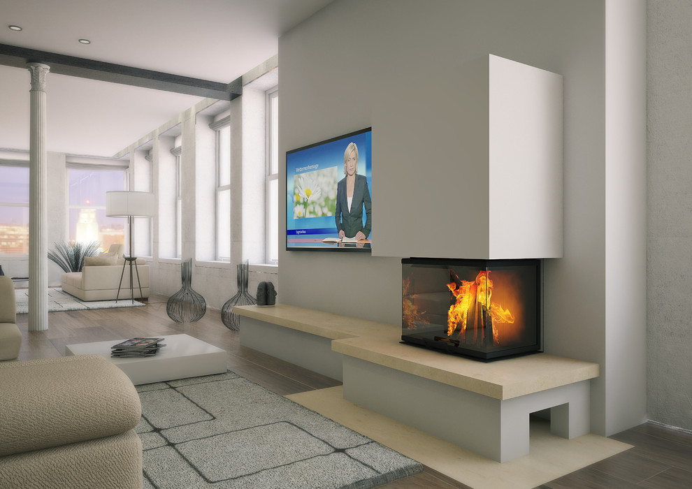 Design ideas for a large contemporary formal open plan living room in Nuremberg with white walls, light hardwood flooring, a ribbon fireplace, a concrete fireplace surround, no tv and beige floors.