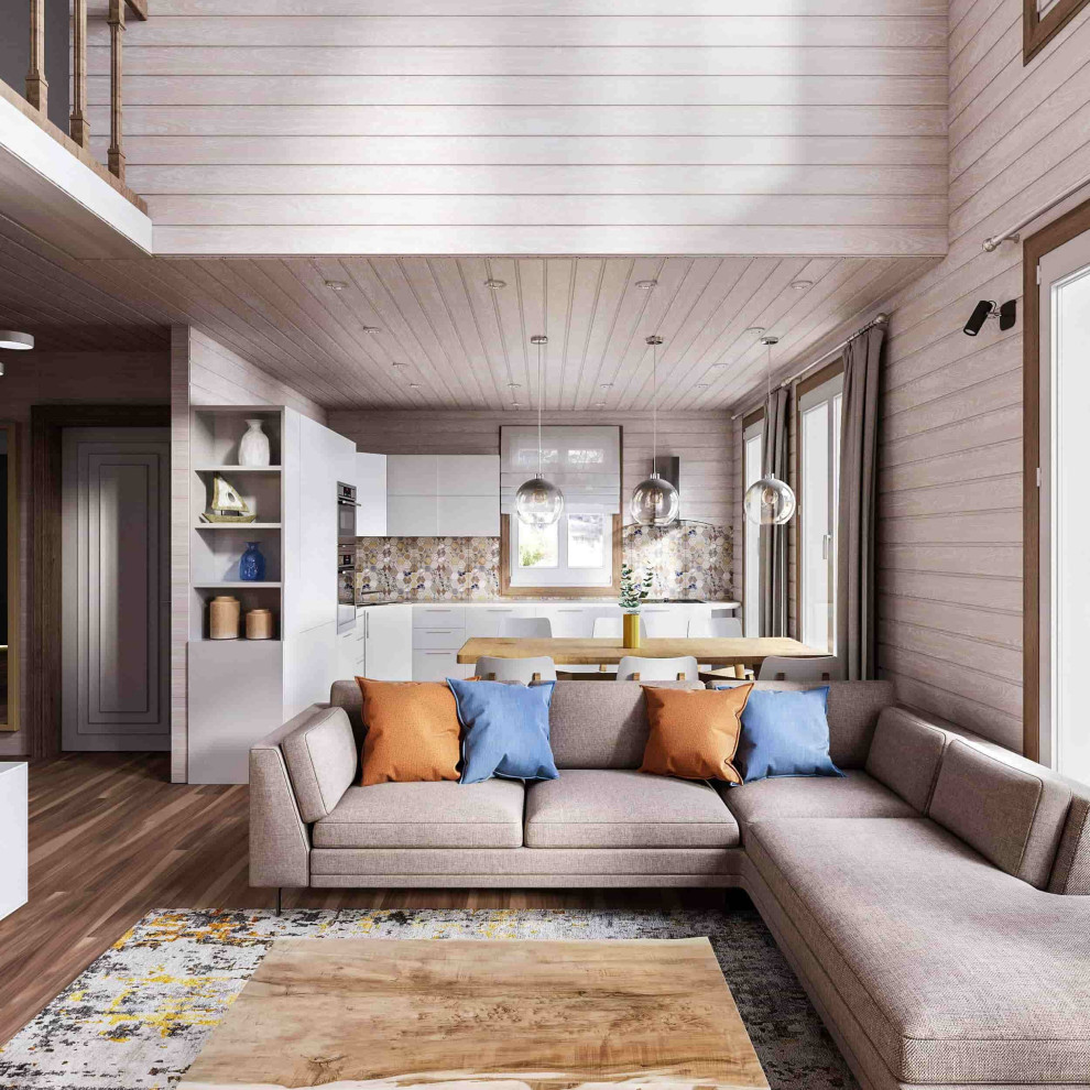Foto di un grande soggiorno nordico con pareti bianche, pavimento in legno massello medio, stufa a legna, pavimento marrone, soffitto in legno e pareti in legno