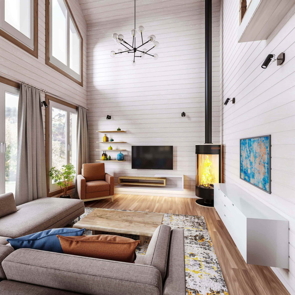 Example of a large danish medium tone wood floor, brown floor, wood ceiling and wood wall family room design in Other with white walls and a wood stove