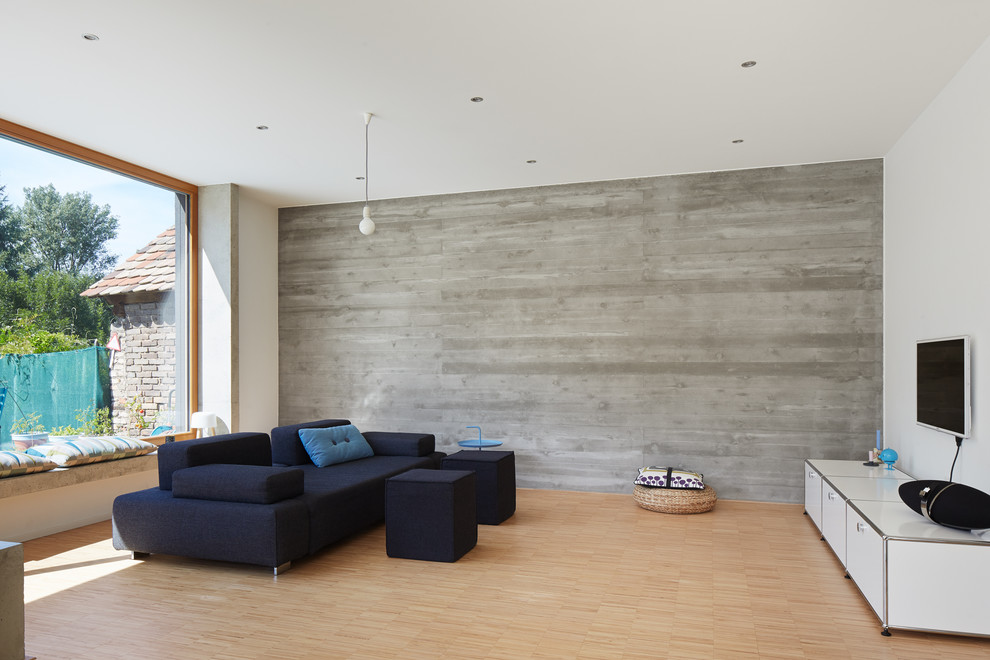 Aménagement d'une salle de séjour contemporaine de taille moyenne et fermée avec un mur gris, parquet clair et un téléviseur fixé au mur.