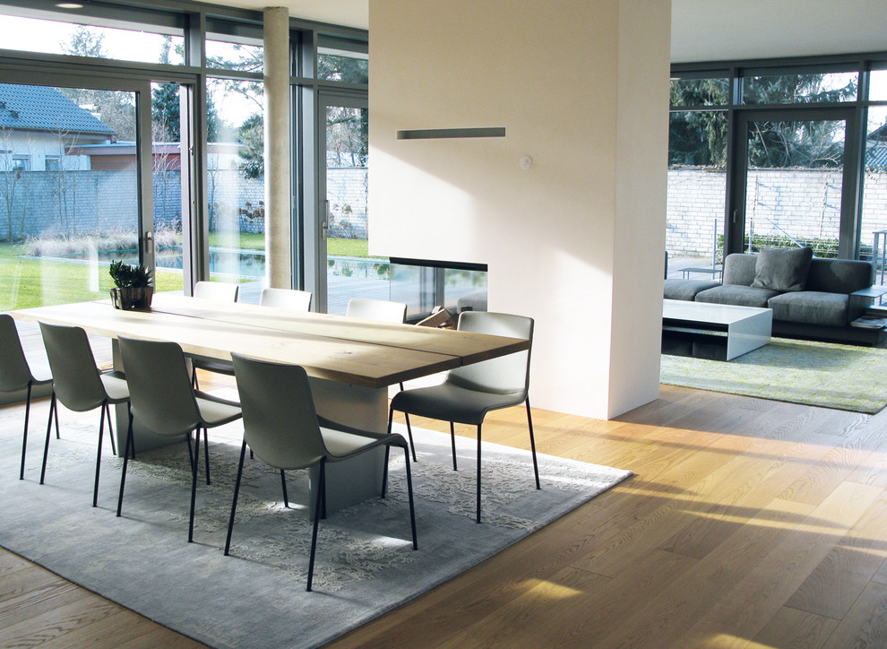Inspiration for a large contemporary dining room in Stuttgart with white walls, light hardwood flooring, a wood burning stove, a concrete fireplace surround and beige floors.