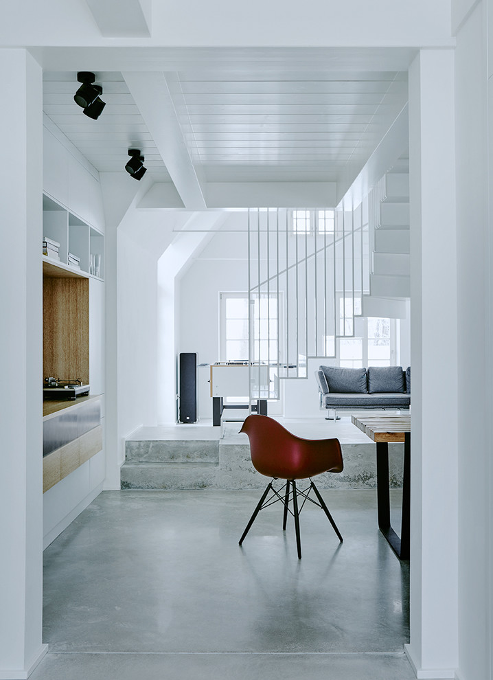 Свежая идея для дизайна: большая открытая гостиная комната в современном стиле с белыми стенами - отличное фото интерьера