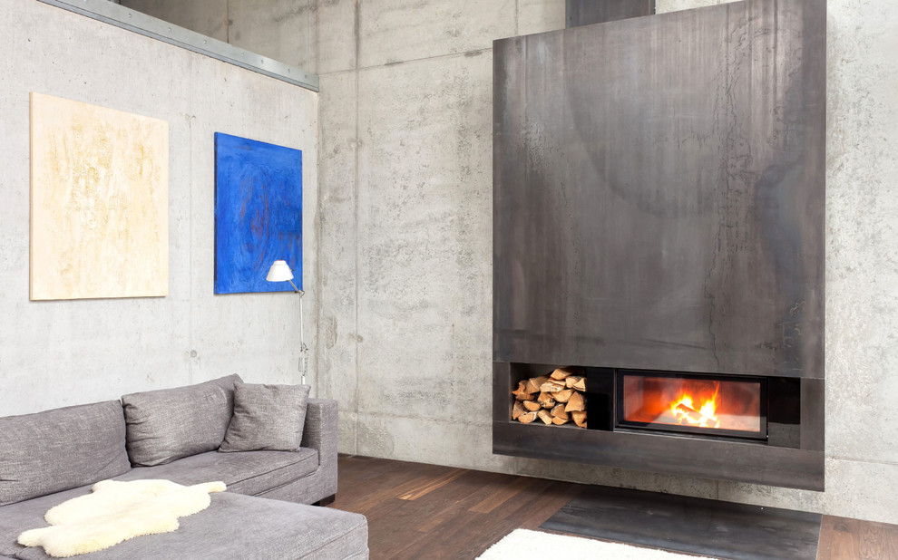 Modernes Wohnzimmer mit grauer Wandfarbe, braunem Holzboden, Kamin und Kaminumrandung aus Metall in Berlin