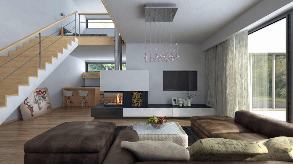 Modelo de salón abierto minimalista extra grande con chimenea de esquina y marco de chimenea de metal