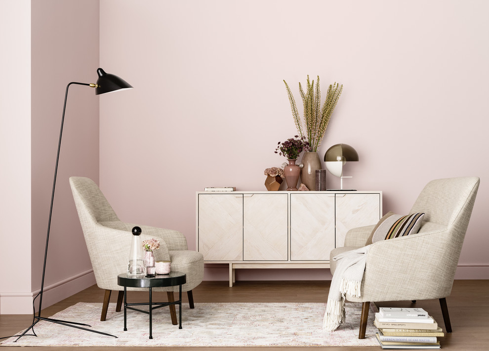 Modelo de salón contemporáneo con paredes rosas