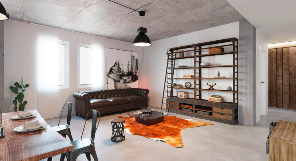 Inspiration för ett industriellt vardagsrum, med betonggolv och grått golv