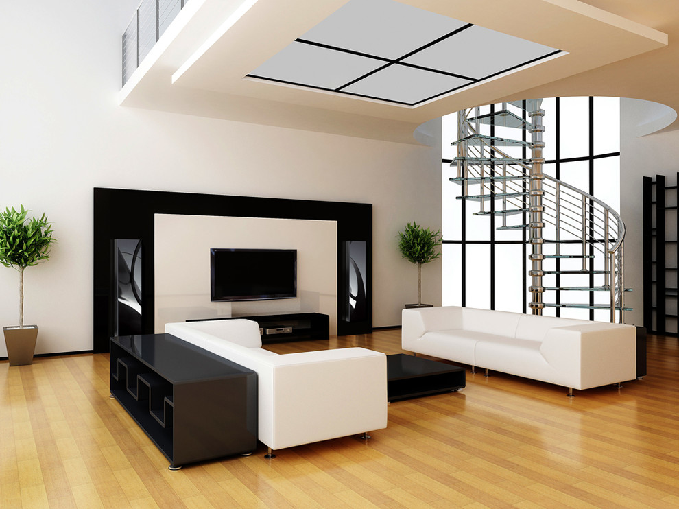 Ejemplo de sala de estar abierta contemporánea de tamaño medio con paredes blancas y suelo de madera en tonos medios