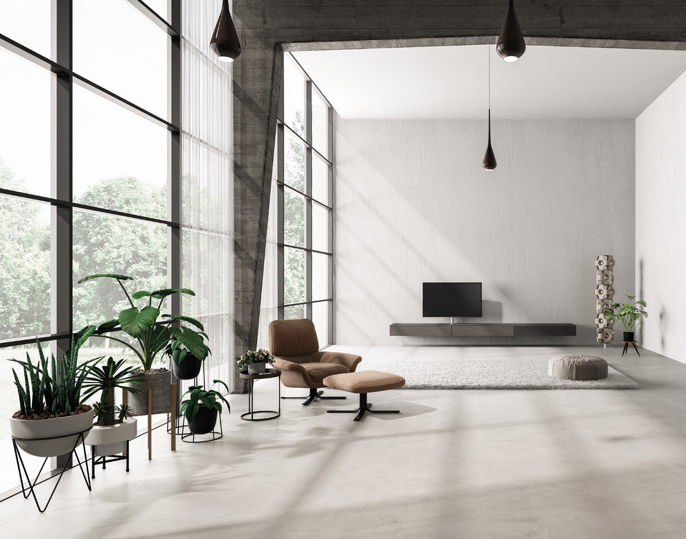 Idee per un grande soggiorno moderno con pareti grigie, pavimento in cemento, nessun camino, TV autoportante e pavimento grigio