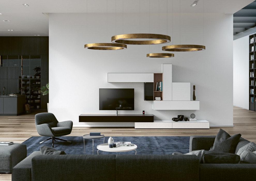 Inspiration for a large contemporary open concept light wood floor and beige floor family room remodel in Frankfurt with white walls, no fireplace and a tv stand