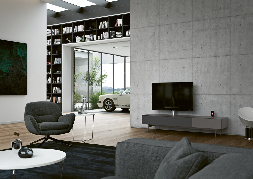 Идея дизайна: большая двухуровневая гостиная комната в современном стиле с с книжными шкафами и полками, белыми стенами, паркетным полом среднего тона, отдельно стоящим телевизором, коричневым полом и ковром на полу