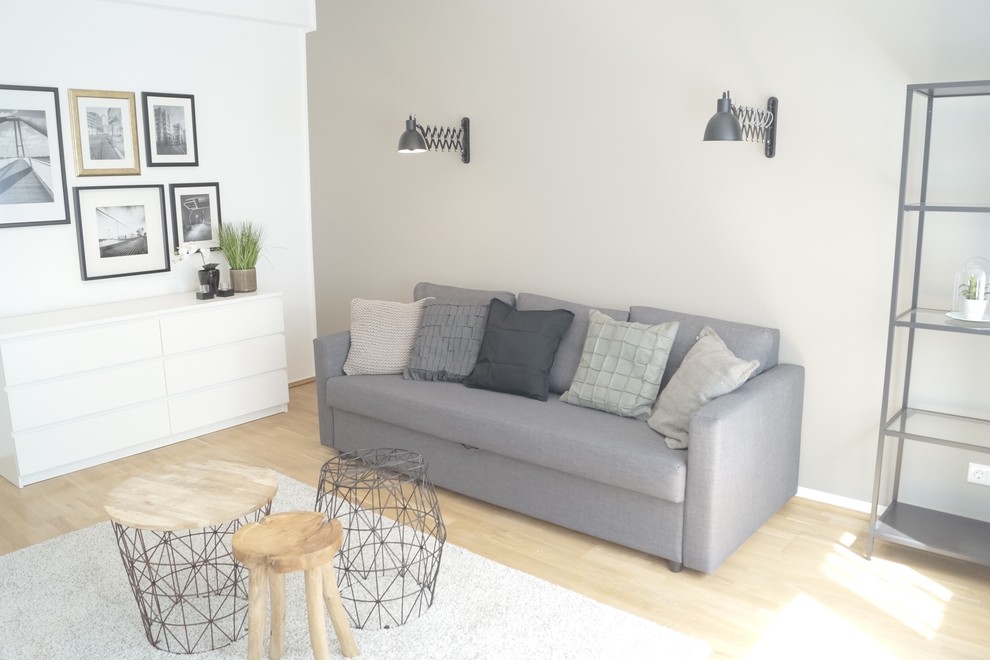 Источник вдохновения для домашнего уюта: изолированная гостиная комната среднего размера в скандинавском стиле с белыми стенами и светлым паркетным полом