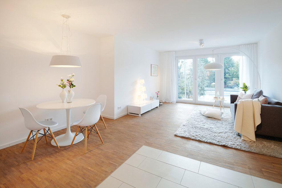 Modelo de sala de estar actual de tamaño medio con paredes blancas y suelo de madera en tonos medios