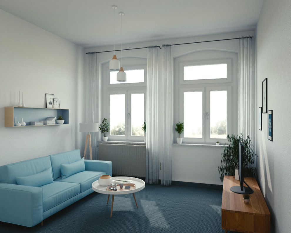 На фото: изолированная гостиная комната в скандинавском стиле с белыми стенами, ковровым покрытием и отдельно стоящим телевизором с