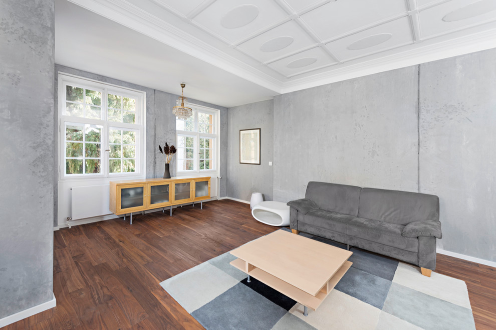 Пример оригинального дизайна: гостиная комната среднего размера в современном стиле с серыми стенами и темным паркетным полом без камина