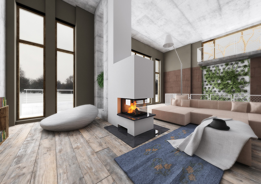 ニュルンベルクにある高級な広いコンテンポラリースタイルのおしゃれなオープンリビング (ホームバー、白い壁、淡色無垢フローリング、標準型暖炉、コンクリートの暖炉まわり、テレビなし、ベージュの床) の写真