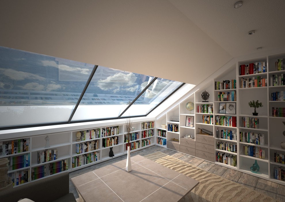Idee per un grande soggiorno contemporaneo chiuso con libreria, pareti bianche e parquet scuro