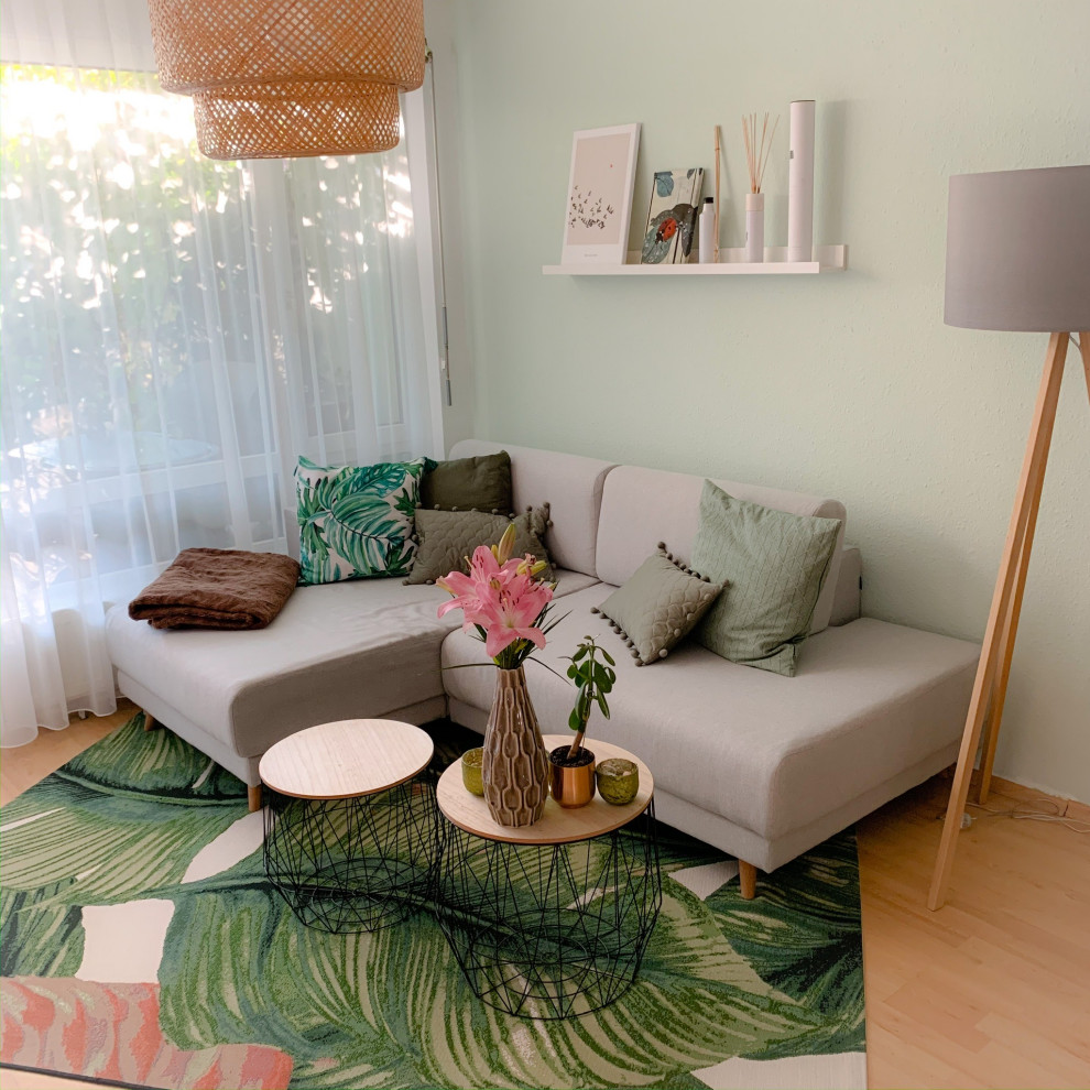 Immagine di un soggiorno scandinavo di medie dimensioni e chiuso con pareti verdi, pavimento in laminato e pavimento beige