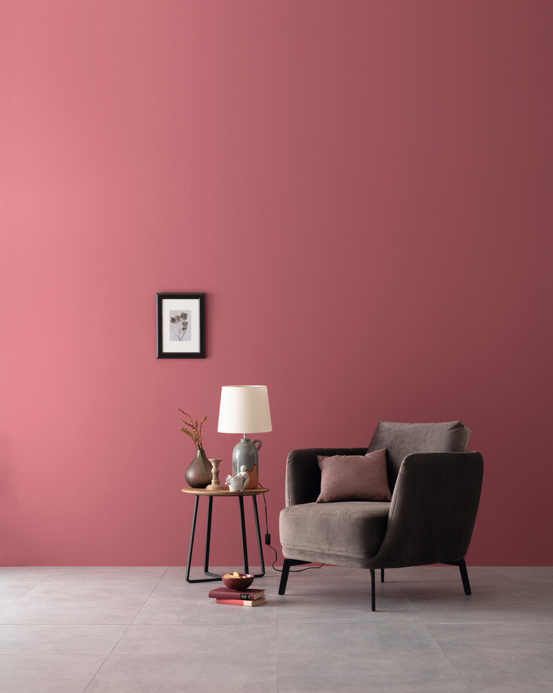 Foto di un soggiorno contemporaneo con pareti rosse