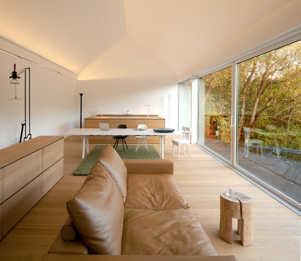 Mittelgroßes, Offenes, Fernseherloses Modernes Wohnzimmer ohne Kamin mit weißer Wandfarbe und hellem Holzboden in Sonstige