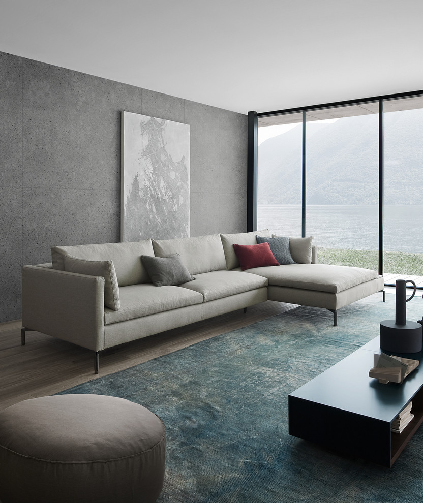Cette image montre une salle de séjour design de taille moyenne et ouverte avec un mur gris, parquet foncé, un sol marron, salle de jeu, un téléviseur indépendant et aucune cheminée.