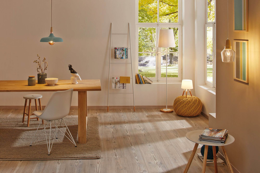 Foto de salón escandinavo de tamaño medio con suelo de madera clara