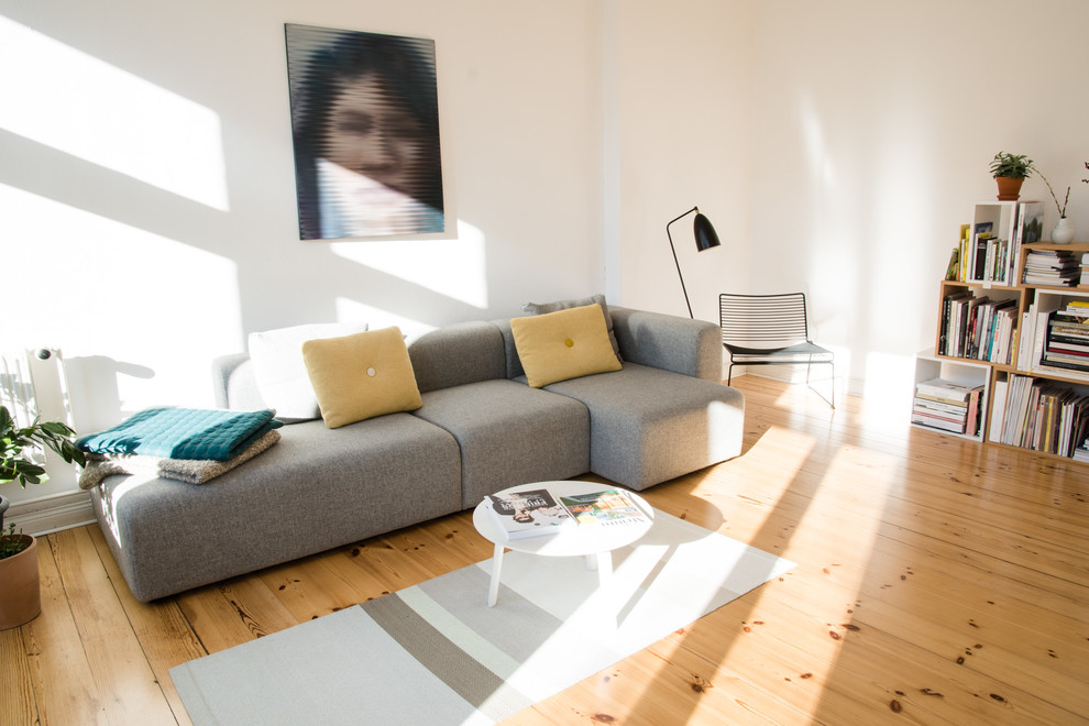 На фото: изолированная гостиная комната в скандинавском стиле с белыми стенами, светлым паркетным полом и ковром на полу без камина