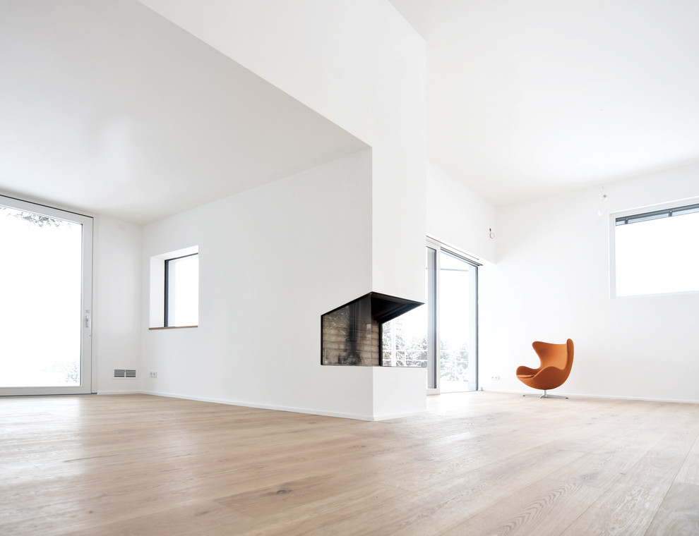 Großes Modernes Wohnzimmer ohne Kamin, im Loft-Stil mit weißer Wandfarbe, hellem Holzboden und Kaminumrandung aus Metall in München