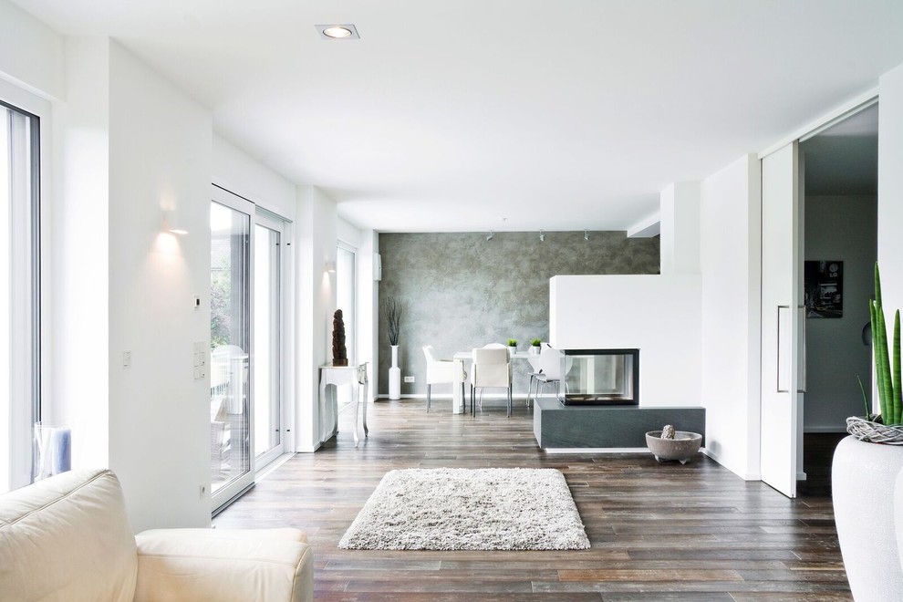 Cette image montre une salle de séjour design avec parquet foncé, une cheminée double-face, un manteau de cheminée en pierre et un mur blanc.