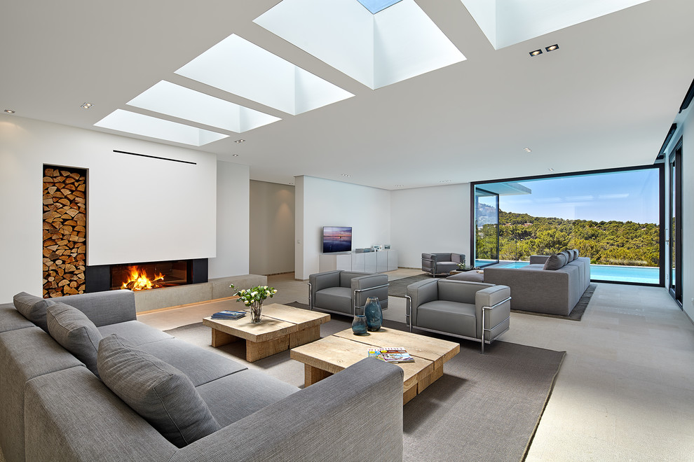 Inspiration for a huge contemporary formal and open concept living room remodel in Berlin with white walls, a standard fireplace and a media wall