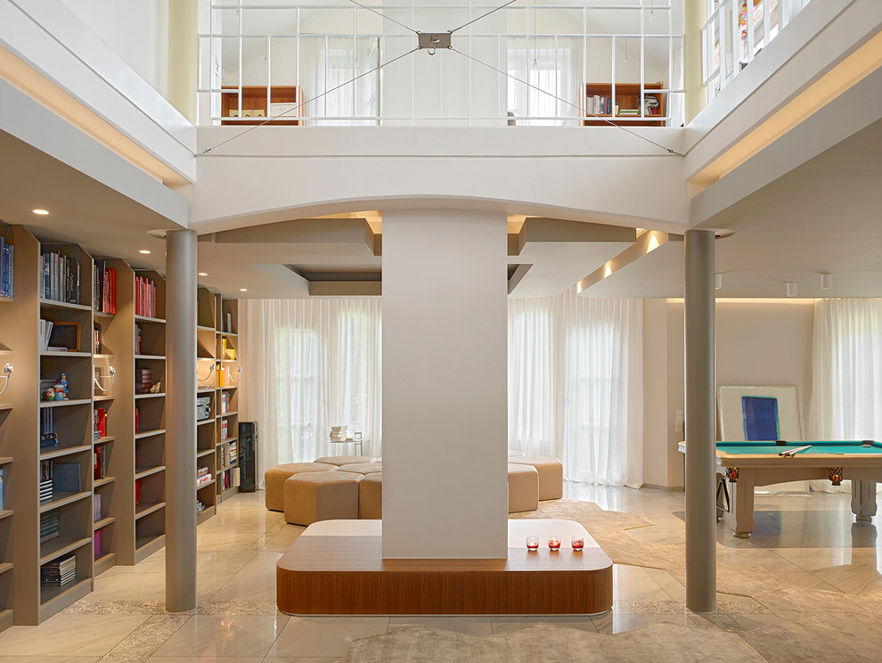 Design ideas for an expansive contemporary open plan living room in Stuttgart with a reading nook, white walls and marble flooring.