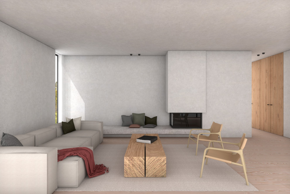Идея дизайна: гостиная комната в современном стиле с деревянным полом, угловым камином, фасадом камина из штукатурки, коричневым полом и кирпичными стенами