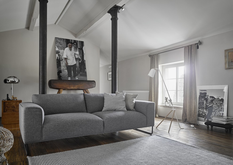 Diseño de salón cerrado escandinavo de tamaño medio con paredes grises y suelo de madera oscura