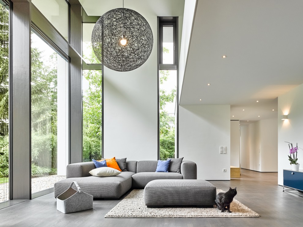 Esempio di un grande soggiorno minimal stile loft con pareti bianche, nessuna TV, pavimento in legno massello medio, pavimento grigio e tappeto