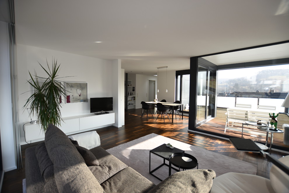 Großes, Repräsentatives, Offenes Modernes Wohnzimmer ohne Kamin mit weißer Wandfarbe, dunklem Holzboden, freistehendem TV und braunem Boden in Frankfurt am Main