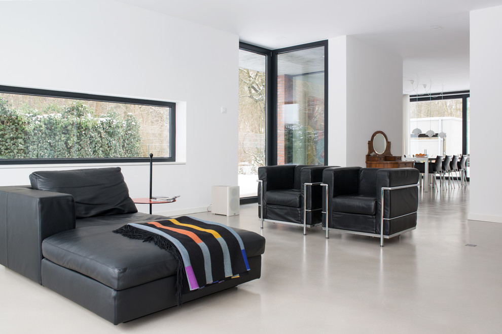 Immagine di un soggiorno minimalista di medie dimensioni e aperto con pareti bianche, pavimento in cemento, sala formale e nessun camino