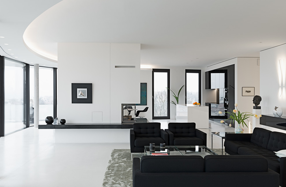 Идея дизайна: открытая гостиная комната в современном стиле с белыми стенами, двусторонним камином и фасадом камина из штукатурки