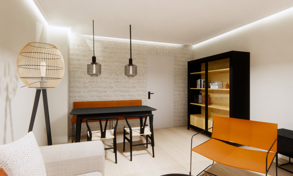 Идея дизайна: изолированная гостиная комната среднего размера в стиле лофт с бежевыми стенами и светлым паркетным полом