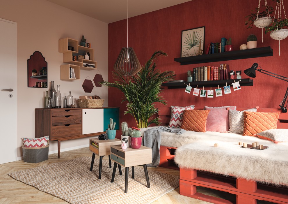 Idée de décoration pour un salon design de taille moyenne et fermé avec un mur rouge, un sol en bois brun, aucune cheminée, un téléviseur dissimulé et un sol beige.