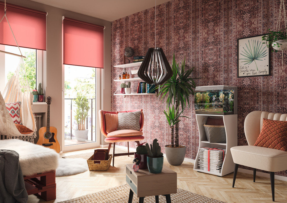 Idéer för att renovera ett mellanstort funkis separat vardagsrum, med röda väggar, mellanmörkt trägolv, en dold TV och beiget golv