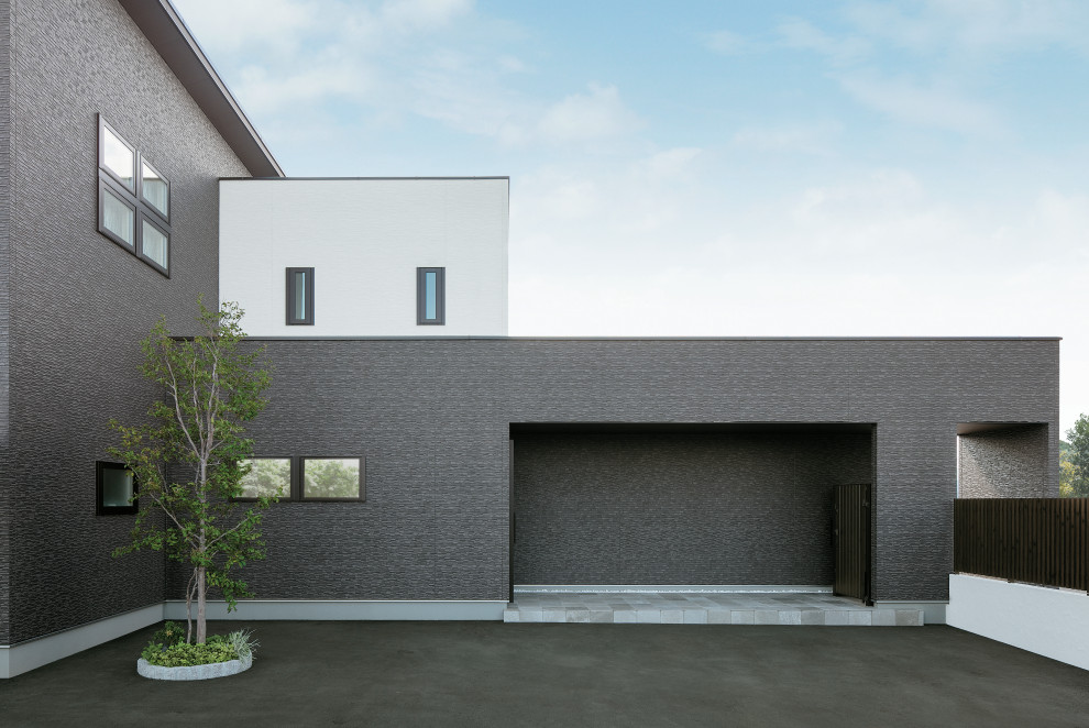 Идея дизайна: отдельно стоящий гараж среднего размера в стиле модернизм с навесом над входом для четырех и более машин