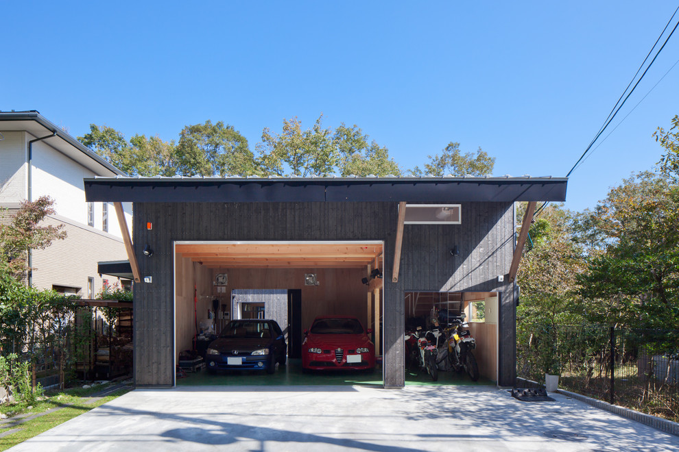 Idées déco pour un garage pour deux voitures séparé industriel avec un bureau, studio ou atelier.