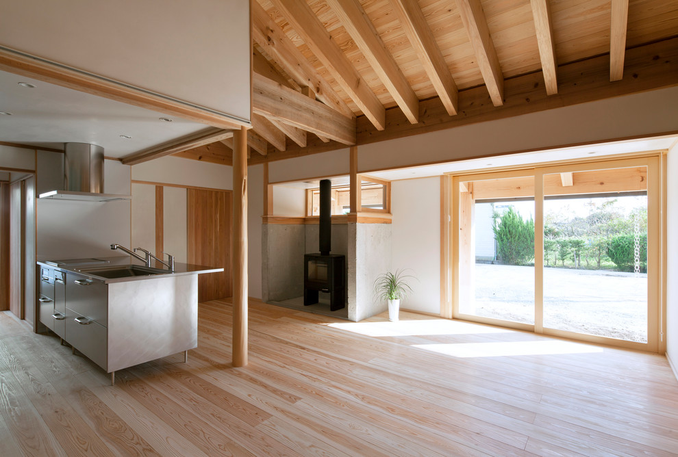Asiatisk inredning av ett linjärt kök med öppen planlösning, med en integrerad diskho, skåp i rostfritt stål, bänkskiva i rostfritt stål, stänkskydd med metallisk yta, rostfria vitvaror, en köksö och brunt golv