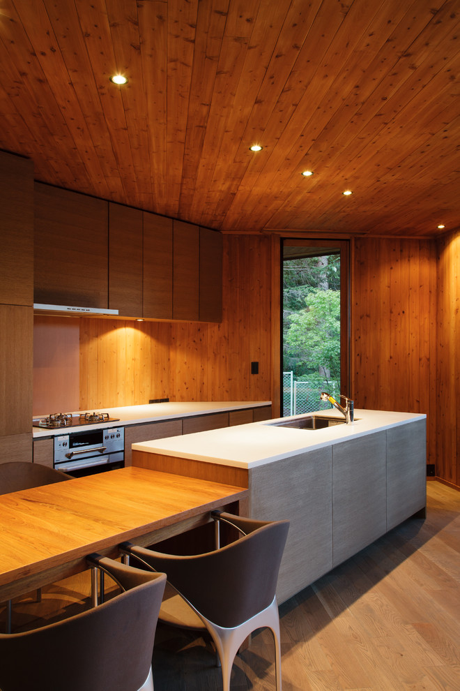 Zweizeilige Moderne Wohnküche mit Unterbauwaschbecken, flächenbündigen Schrankfronten, hellbraunen Holzschränken, Küchengeräten aus Edelstahl und dunklem Holzboden in Sonstige