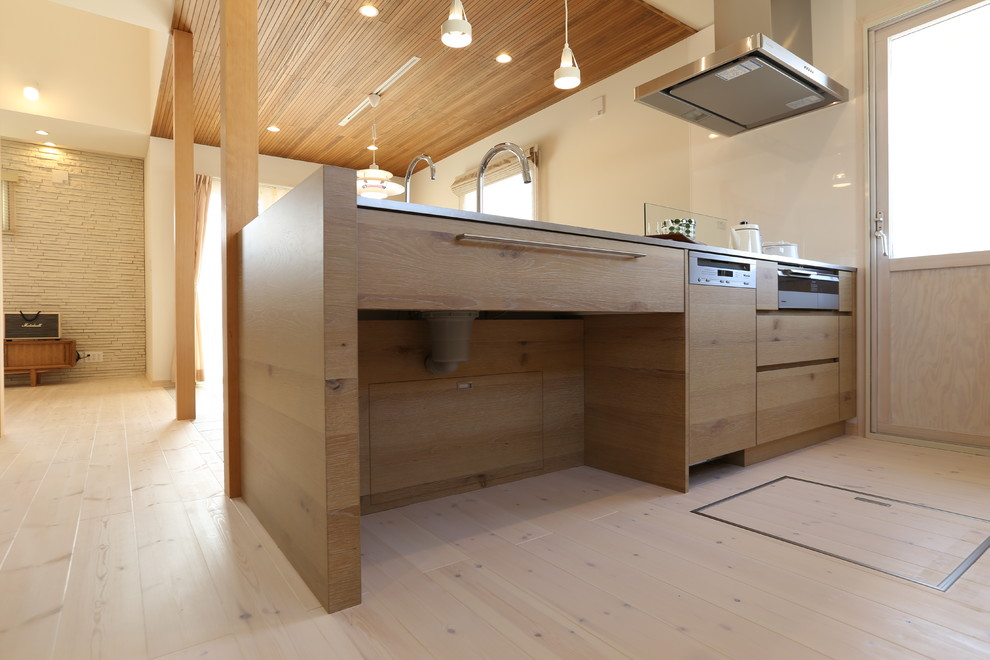 Bild på ett nordiskt linjärt kök med öppen planlösning, med en integrerad diskho, bänkskiva i rostfritt stål, brunt stänkskydd, stänkskydd i trä, integrerade vitvaror, ljust trägolv och vitt golv